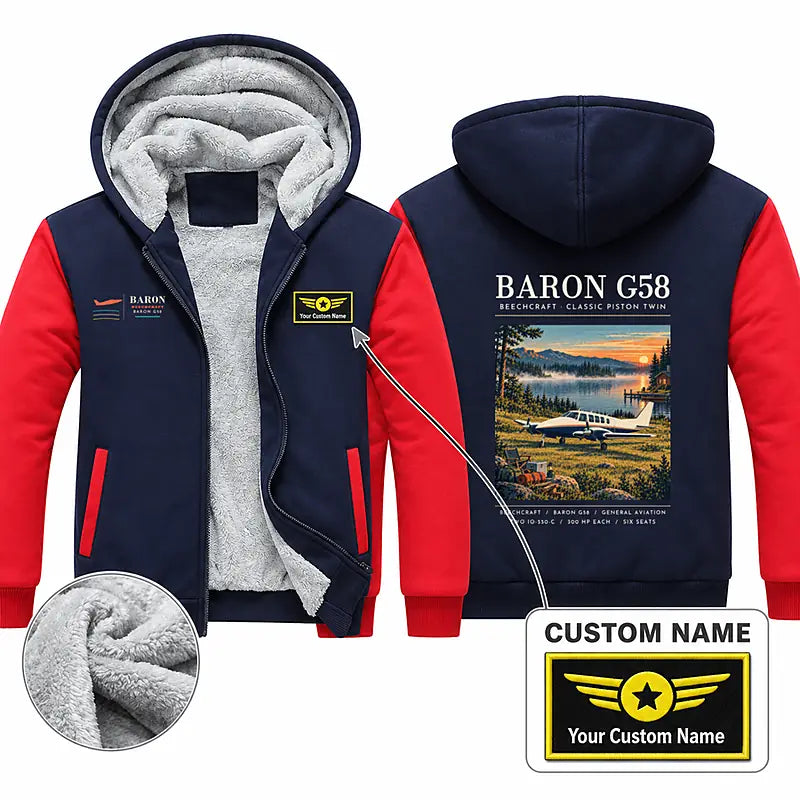 Beechcraft Baron G58 Zipped Sweatshirts - Poster + Name - Navy & Red