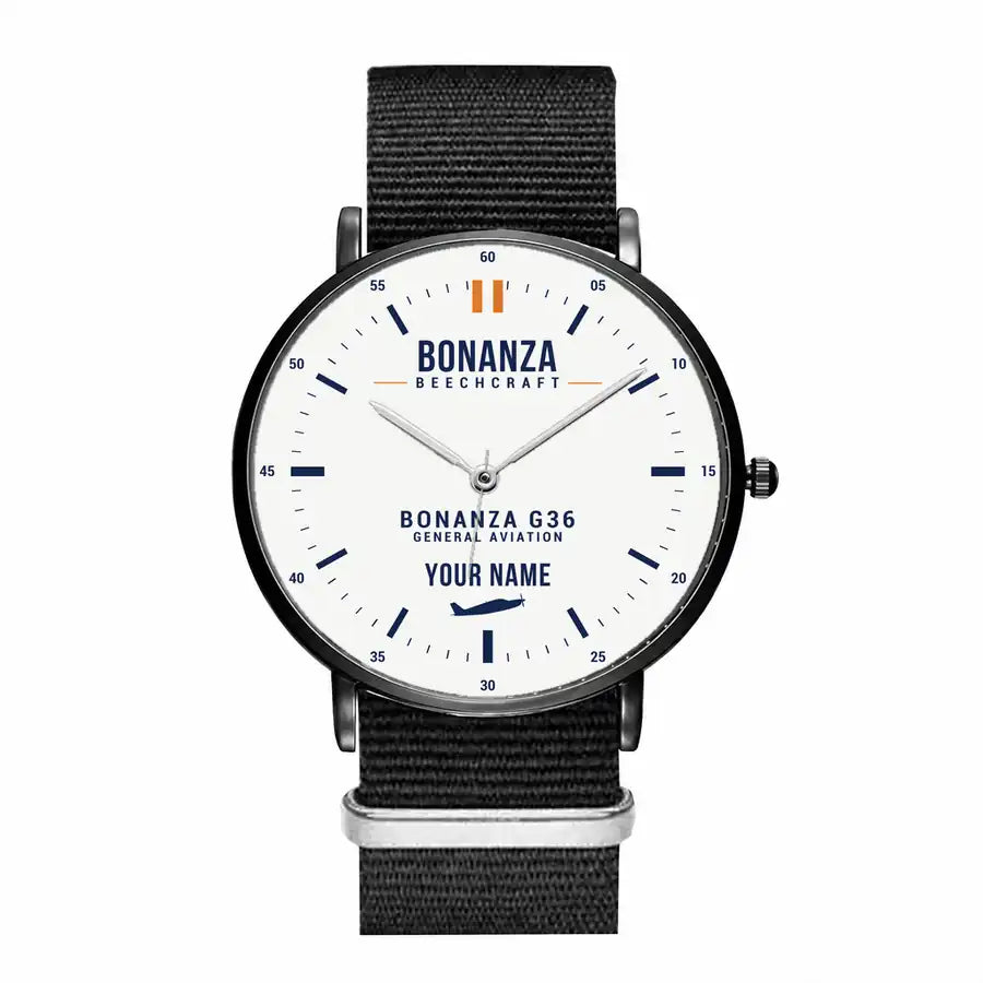 Beechcraft Bonanza G36 - Classic - White + Name - Slim Leather - Black and Black Nylon Strap