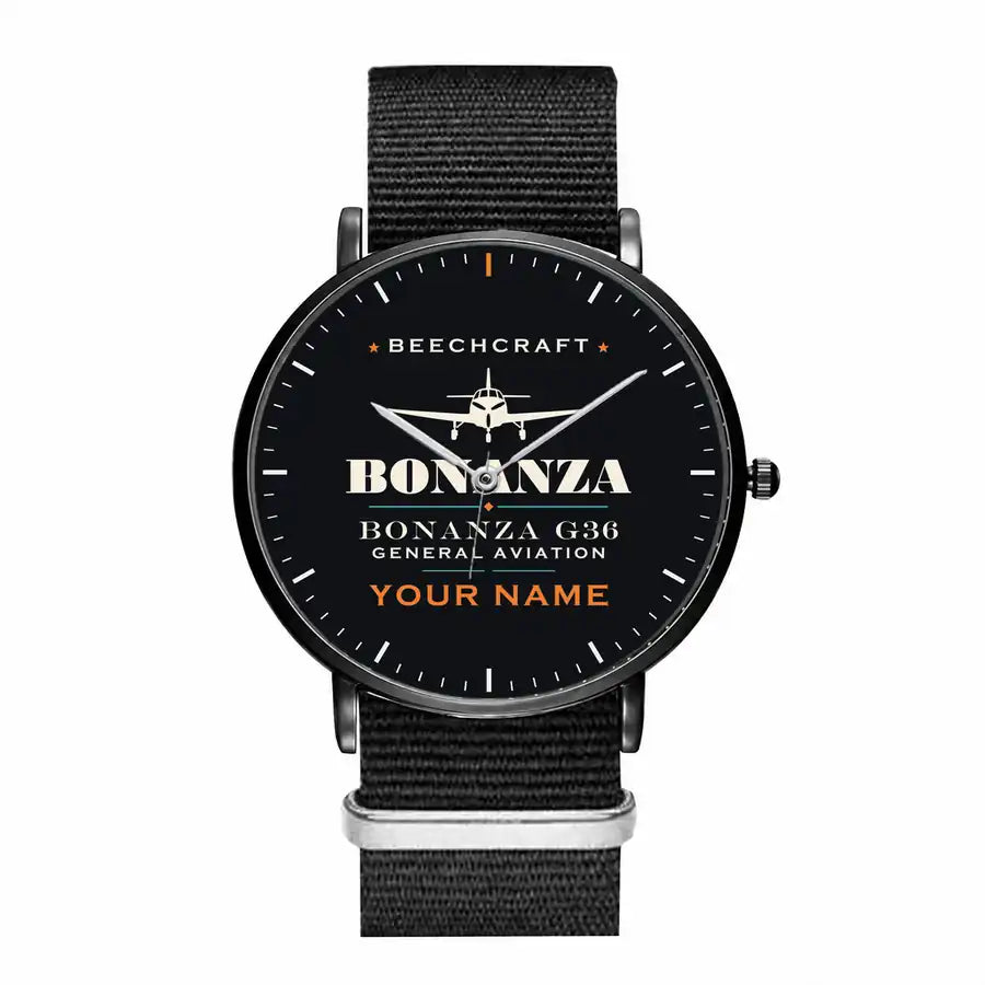 Beechcraft Bonanza G36 - Heritage + Name - Slim Leather - Black and Black Nylon Strap