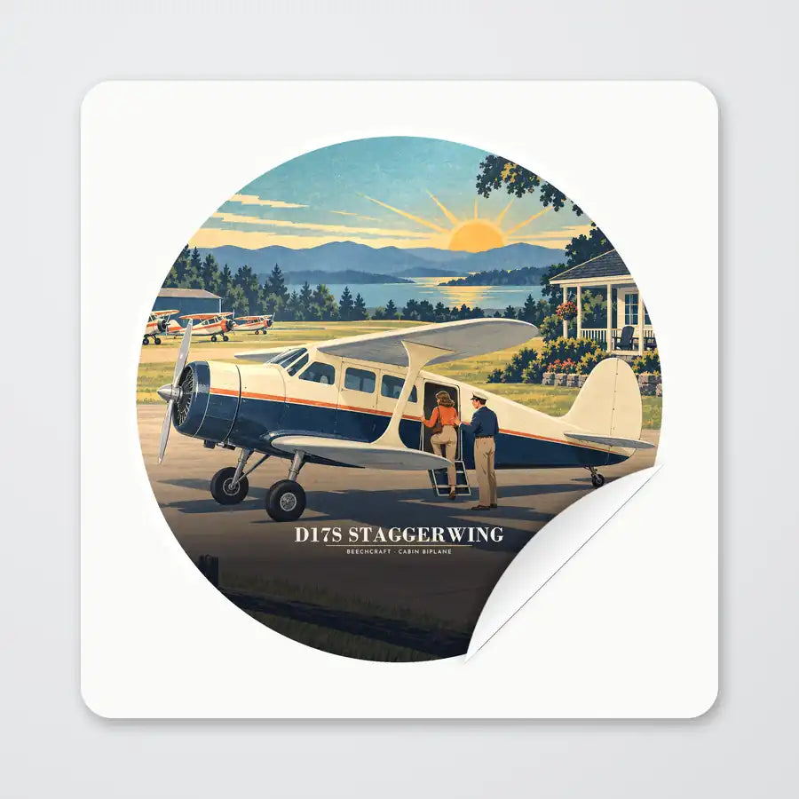 Beechcraft D17S Staggerwing - 3D - Circle Sticker - Peel