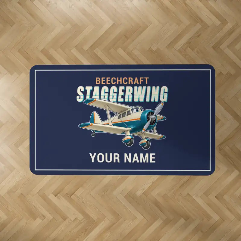 Beechcraft D17S Staggerwing - Cartoon + Name - Rectangle Carpet - Dark Blue