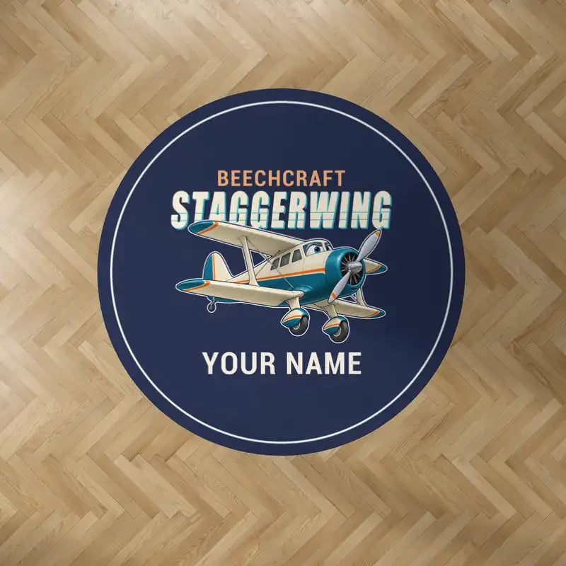 Beechcraft D17S Staggerwing - Cartoon + Name - Round Carpet - Dark Blue