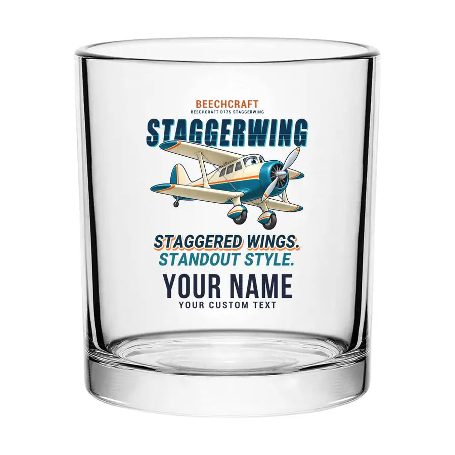 Beechcraft D17S Staggerwing - Cartoon + Name - Special Whiskey Glass