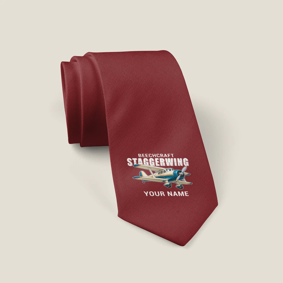Beechcraft D17S Staggerwing - Cartoon + Name - Tie - Dark Red