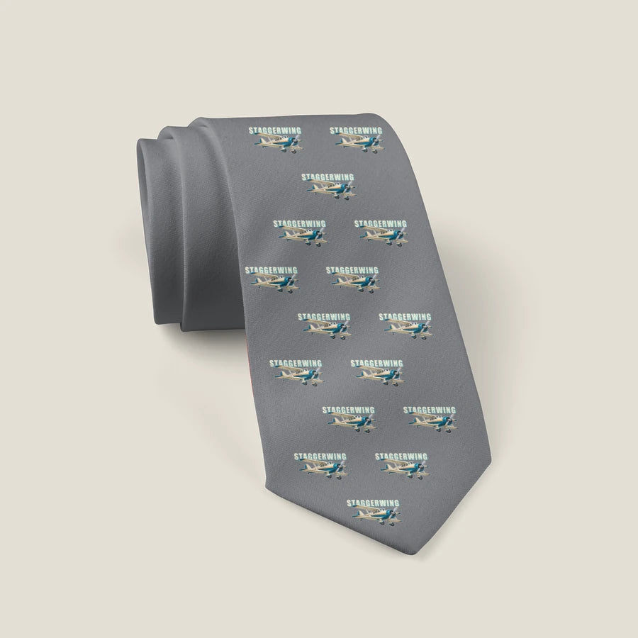 Beechcraft D17S Staggerwing - Cartoon Pattern - Tie - Gray
