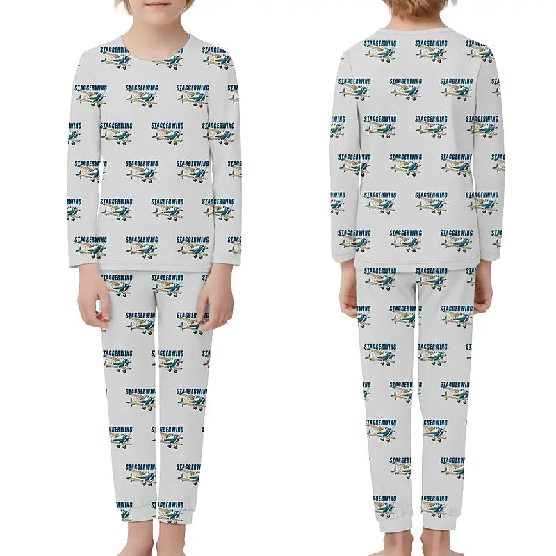 Beechcraft D17S Staggerwing - Children Pajamas - Cartoon Pattern - Light Gray