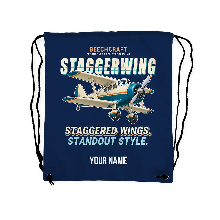 Beechcraft D17S Staggerwing - Drawstring Bag - Cartoon + Name - Dark Blue