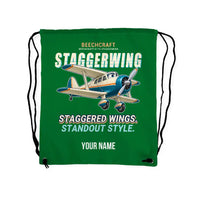 Thumbnail for Beechcraft D17S Staggerwing - Drawstring Bag - Cartoon + Name - Green