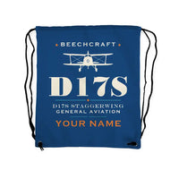 Thumbnail for Beechcraft D17S Staggerwing - Drawstring Bag - Heritage + Name - Blue