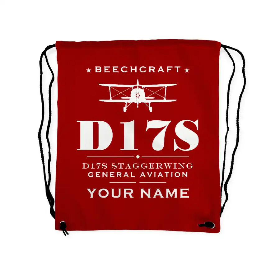 Beechcraft D17S Staggerwing - Drawstring Bag - Heritage + Name - Red