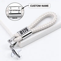 Thumbnail for Beechcraft D17S Staggerwing - Leather Key Chain - Braided Leather - Tag - White + Name
