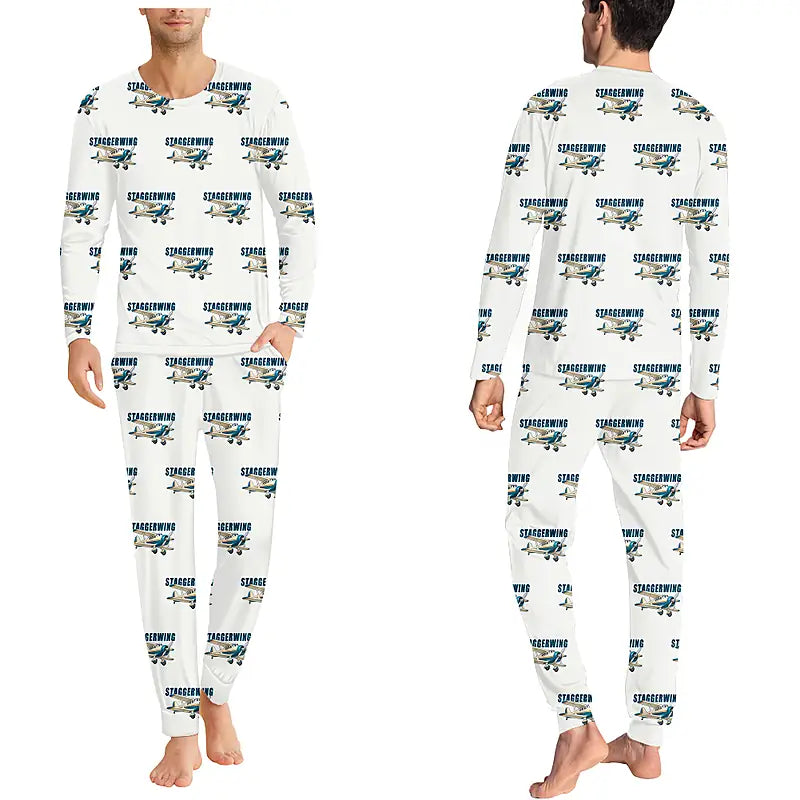 Beechcraft D17S Staggerwing - Men Pajamas - Cartoon Pattern - White