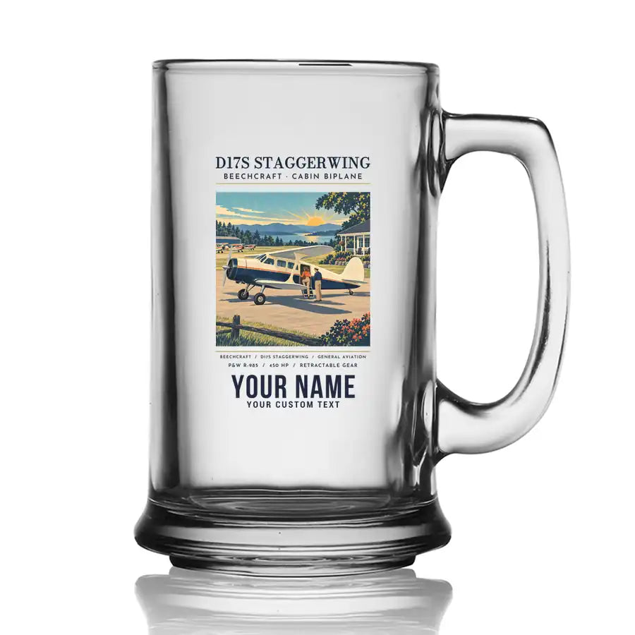 Beechcraft D17S Staggerwing - Poster + Name - Beer Glass with Holder