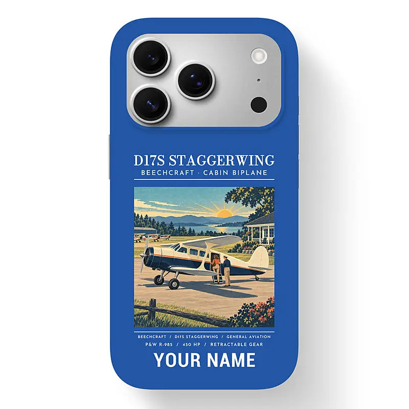 Beechcraft D17S Staggerwing - Poster + Name - MagSafe iPhone 17 Pro - Blue