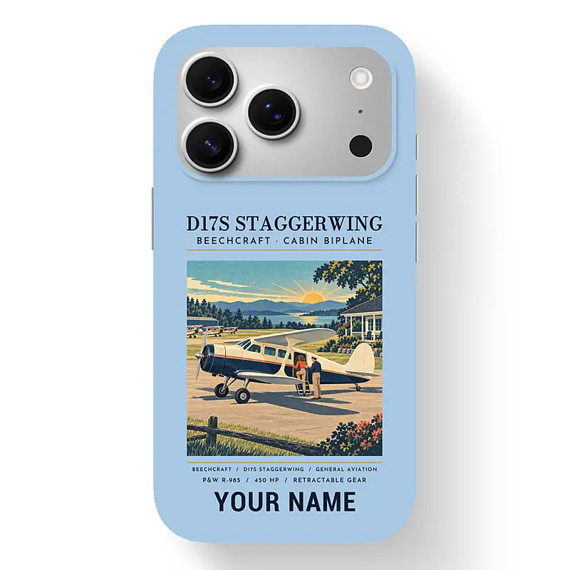 Beechcraft D17S Staggerwing - Poster + Name - MagSafe iPhone 17 Pro - Light Blue