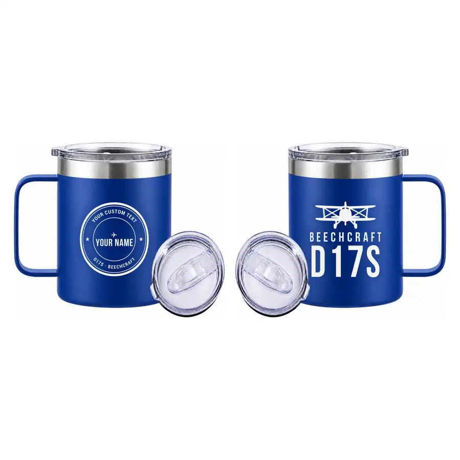 Beechcraft D17S Staggerwing - Stainless Steel Mug - Heritage + Name - Blue