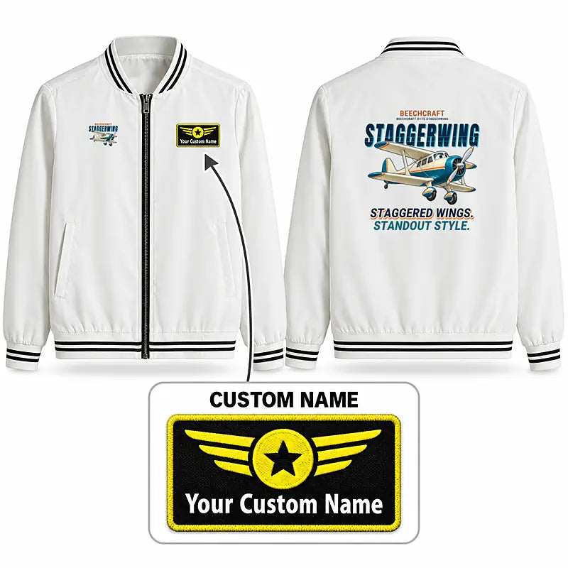Beechcraft D17S Staggerwing Stylish Jackets - Baseball Collar - Cartoon + Name - White