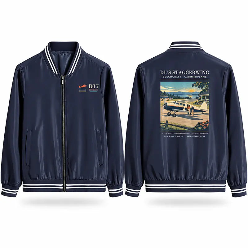 Beechcraft D17S Staggerwing Stylish Jackets - Baseball Collar - Poster - Navy Blue