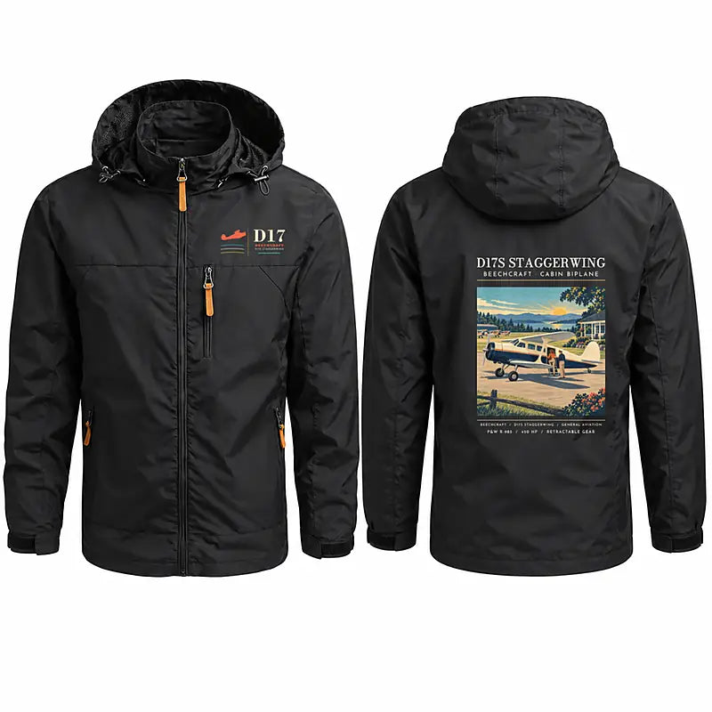 Beechcraft D17S Staggerwing Stylish Jackets - Hooded Windbreaker - Poster - Black