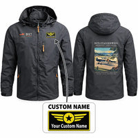 Thumbnail for Beechcraft D17S Staggerwing Stylish Jackets - Hooded Windbreaker - Poster + Name - Charcoal