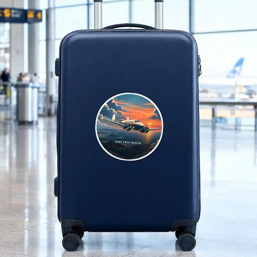 Beechcraft D18S Twin Beech - 3D + Name - Circle Sticker - Suitcase