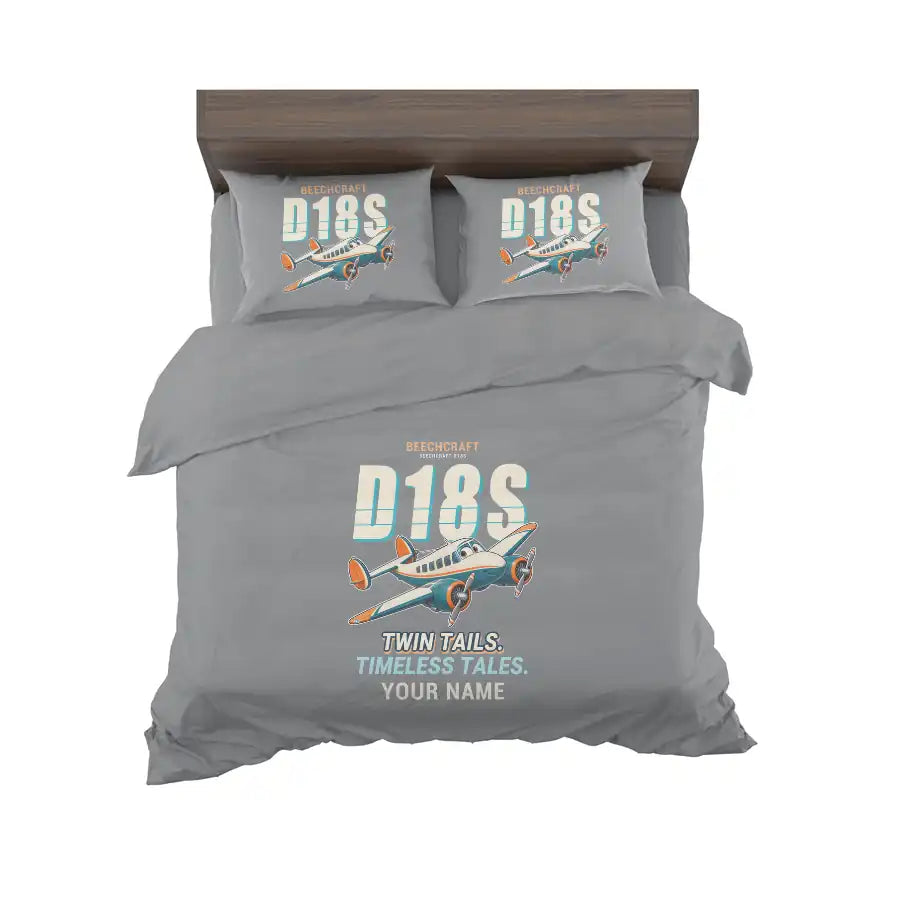 Beechcraft D18S Twin Beech - Cartoon + Name - Bedding Set - Gray