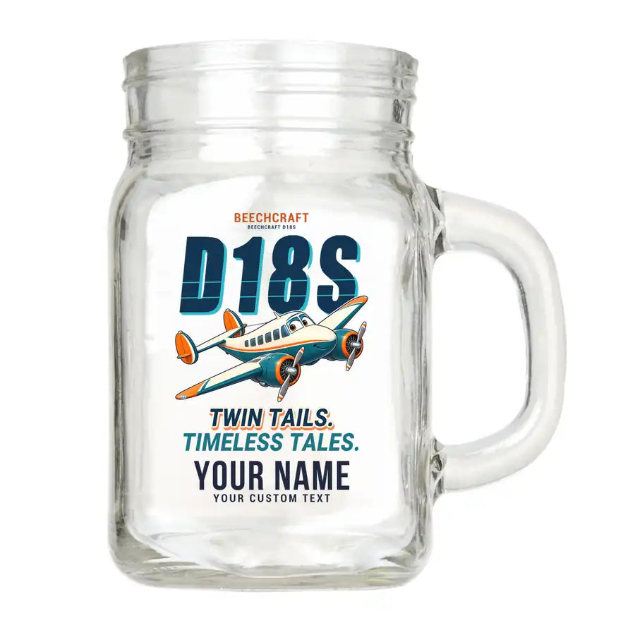 Beechcraft D18S Twin Beech - Cartoon + Name - Cocktail Glass (Mason Jar)