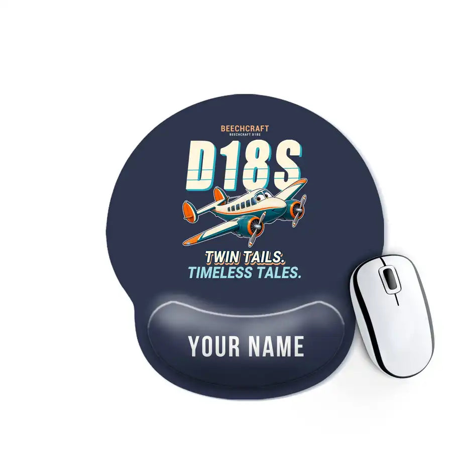 Beechcraft D18S Twin Beech - Cartoon + Name - Ergonomic Mouse Pad - Navy Blue