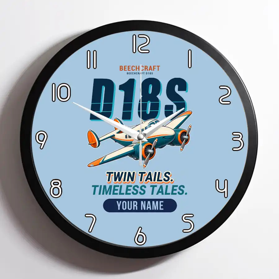 Beechcraft D18S Twin Beech - Cartoon + Name - Framed - Light Blue