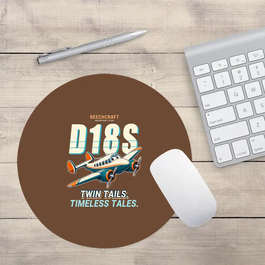 Beechcraft D18S Twin Beech - Cartoon - Round Mouse Pad - Brown