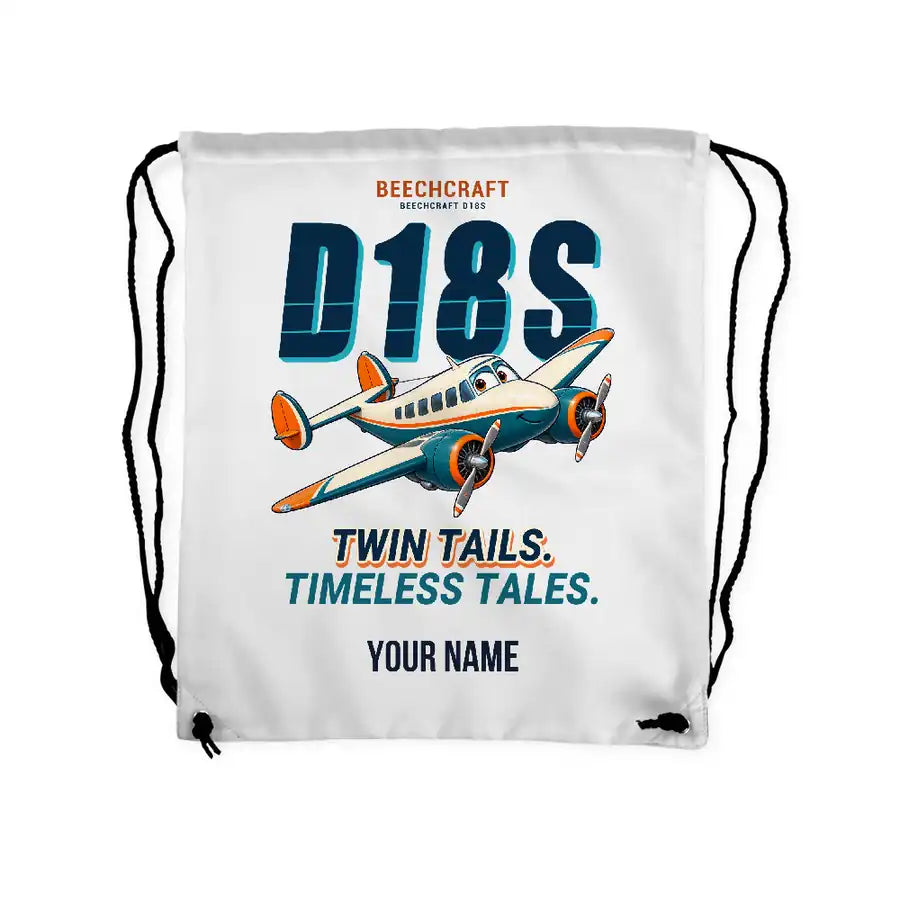 Beechcraft D18S Twin Beech - Drawstring Bag - Cartoon + Name - White