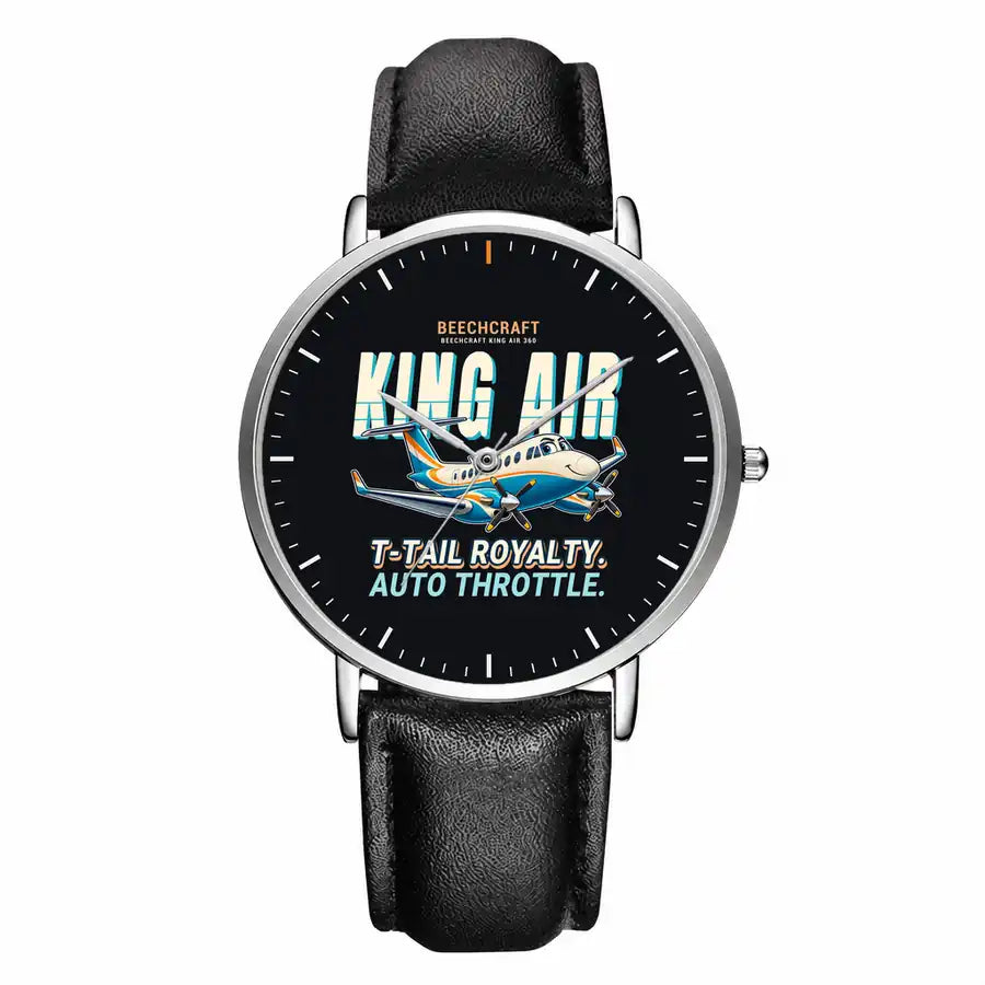 Beechcraft King Air 360 - Cartoon - Slim Leather - Silver and Black Leather Strap