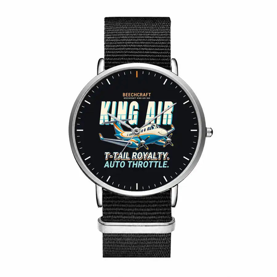 Beechcraft King Air 360 - Cartoon - Slim Leather - Silver and Black Nylon Strap