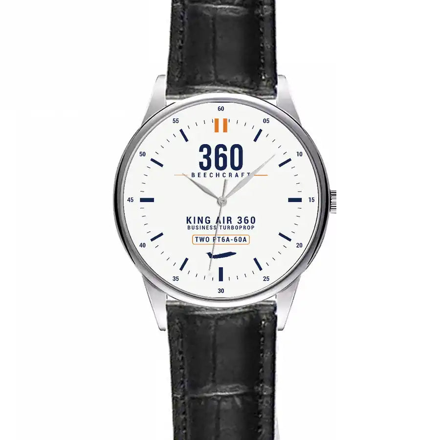 Beechcraft King Air 360 - Classic - White - Leather Strap - Striped Black Leather Strap