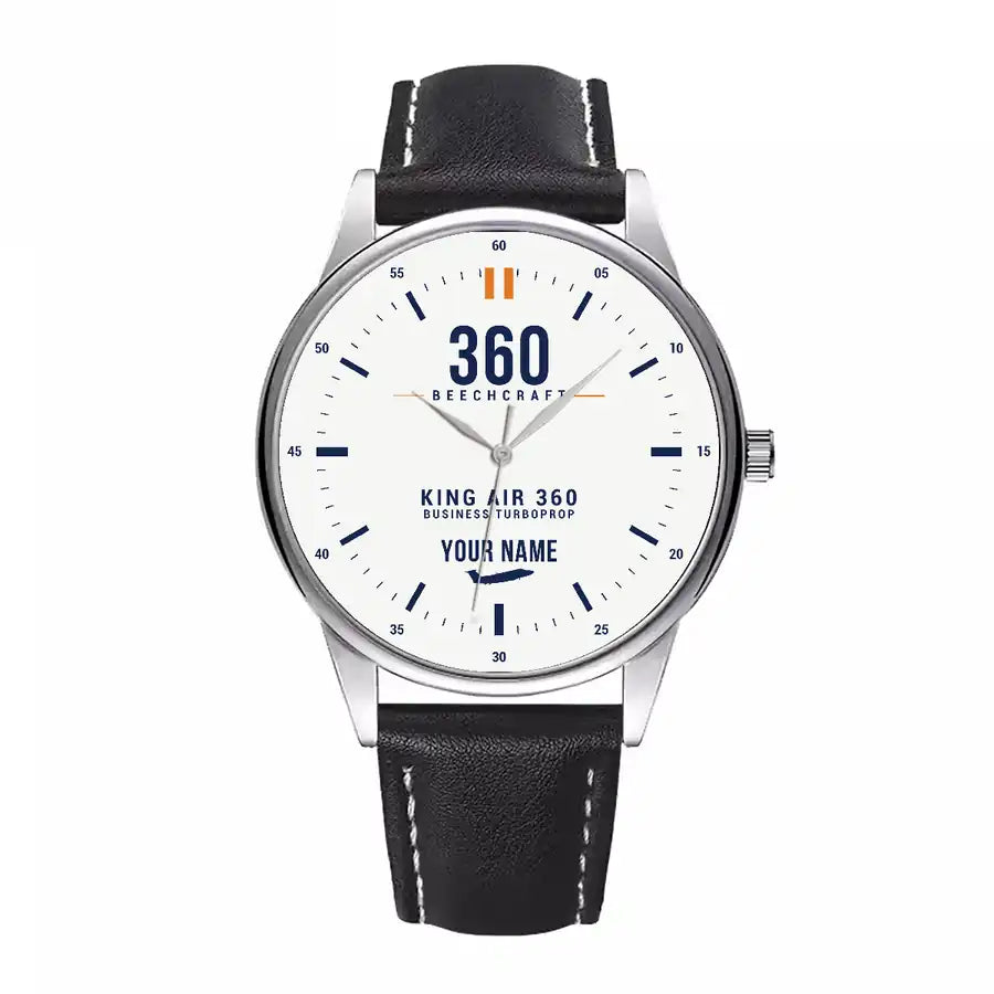 Beechcraft King Air 360 - Classic - White + Name - Leather Strap - Black Leather Strap