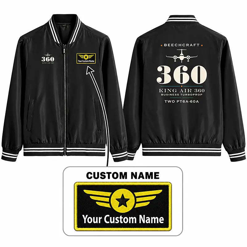 Beechcraft King Air 360 Stylish Jackets - Baseball Collar - Heritage + Name - Black