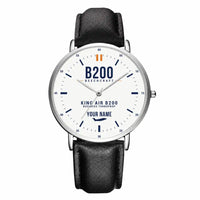 Thumbnail for Beechcraft King Air B200 - Classic - White + Name - Slim Leather - Silver and Black Leather Strap