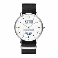 Thumbnail for Beechcraft King Air B200 - Classic - White + Name - Slim Leather - Silver and Black Nylon Strap
