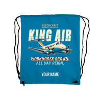 Thumbnail for Beechcraft King Air B200 - Drawstring Bag - Cartoon + Name - Light Blue