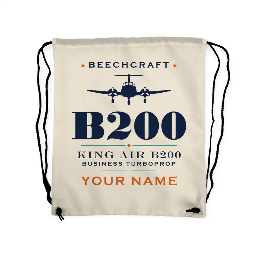 Beechcraft King Air B200 - Drawstring Bag - Heritage + Name - Beige