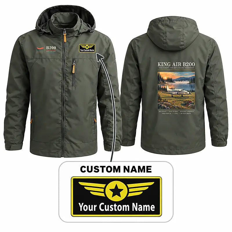 Beechcraft King Air B200 Stylish Jackets - Hooded Windbreaker - Poster + Name - Olive Green