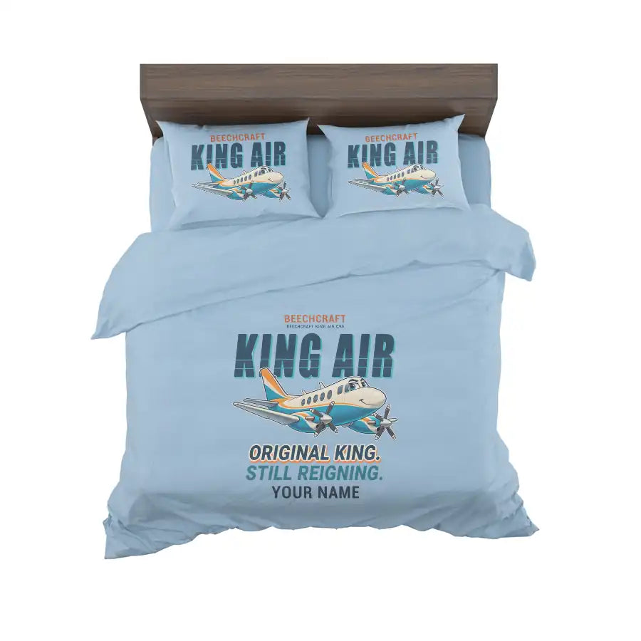 Beechcraft King Air C90 - Cartoon + Name - Bedding Set - Light Blue