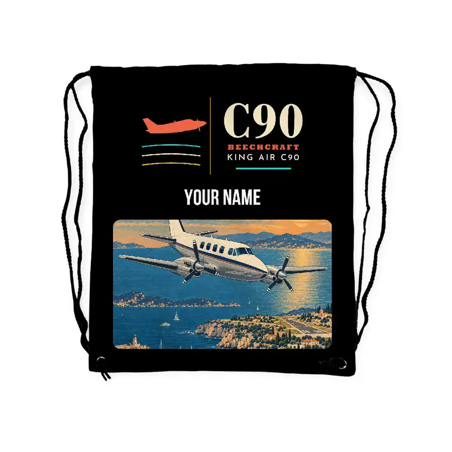 Beechcraft King Air C90 - Drawstring Bag - Classic + Name - Black