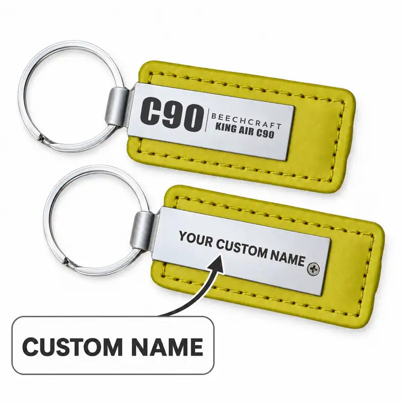 Beechcraft King Air C90 - Leather Key Chain - Faux Leather - Tag - Yellow + Name