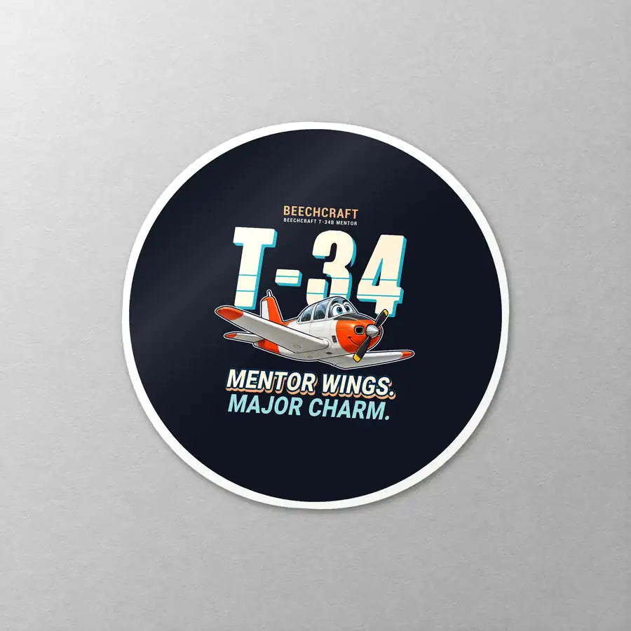 Beechcraft T-34B Mentor - Cartoon - Circle Sticker - Close-up