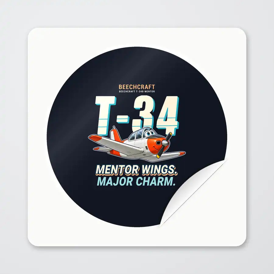 Beechcraft T-34B Mentor - Cartoon - Circle Sticker - Peel