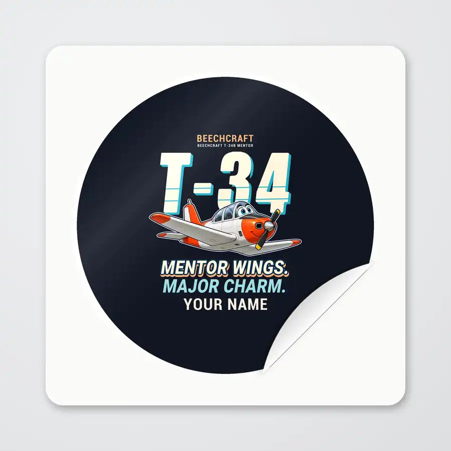 Beechcraft T-34B Mentor - Cartoon + Name - Circle Sticker - Peel