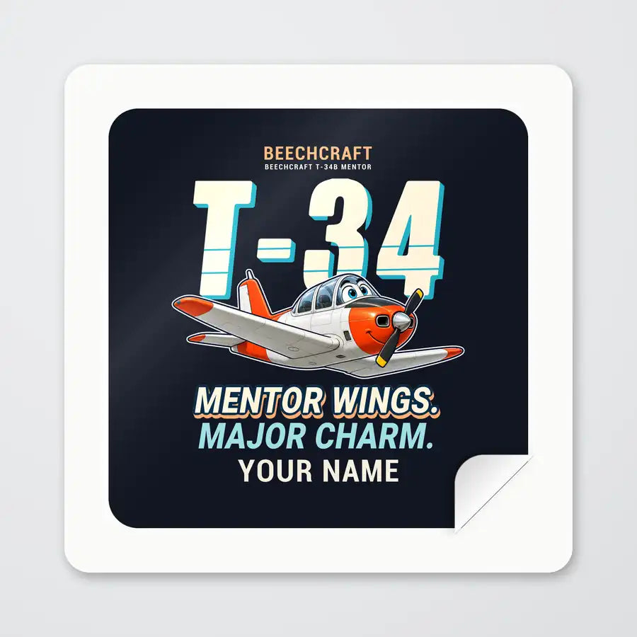 Beechcraft T-34B Mentor - Cartoon + Name - Square Sticker - Peel