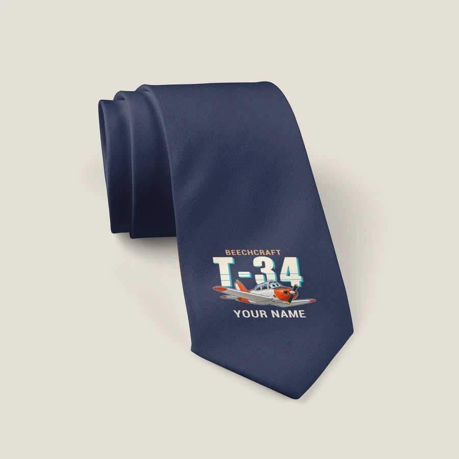 Beechcraft T-34B Mentor - Cartoon + Name - Tie - Navy Blue