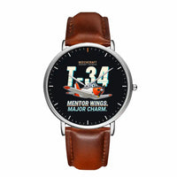 Thumbnail for Beechcraft T-34B Mentor - Cartoon - Slim Leather - Silver and Brown Leather Strap
